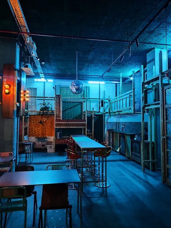 The venue at night with disco ball and ambient lighting